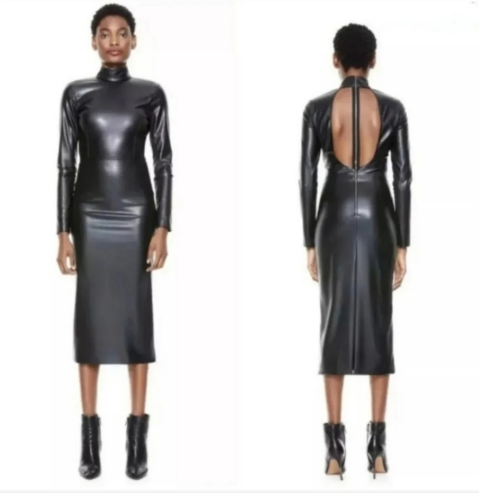 ALICE + OLIVIA DELORA VEGAN LEATHER MOCKNECK MIDI DRESS SIZE 4 - Picture 11 of 15